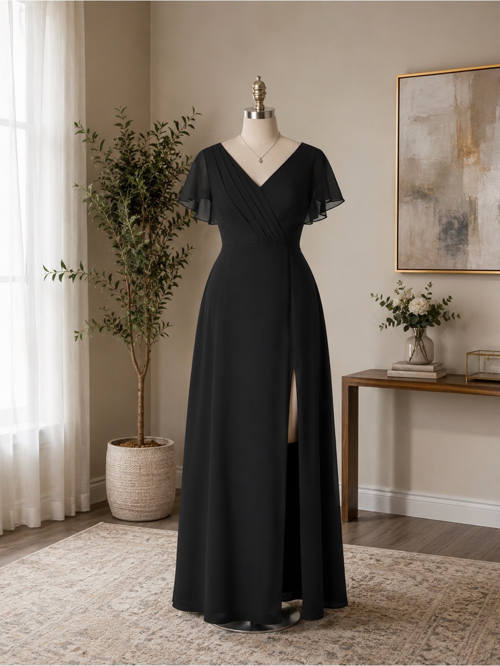 Azazie Black V-Neck Draped Maxi Gown with Side Slit